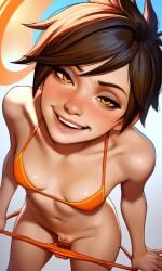 ai_generated bikini female high-angle_view lena_oxton overwatch pulling_down_panties pussy realistic short_hair skinny small_breasts smug tracer underwear_pull