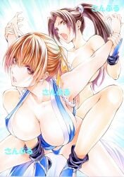 2girls big_breasts breasts brown_eyes brown_hair catfight dead_or_alive defeated defeated_female defeated_heroine exposed_breasts fatal_fury female female_only kasumi_(doa) king_of_fighters kunoichi long_hair mai_shiranui maruto_(marutohonpo) ninja ponytail ryona yqgkg wrestling underwear panties blue_underwear blue_panties