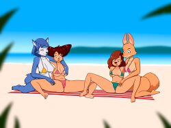 4girls a_goofy_movie anoneysnufftan anthro applying_sunscreen barefoot beach beach_towel bikini blue_body blurry_background canine crossover diane_foxington disney earrings eastern_and_western_character embarrassed female female_only fox furry goof_troop humiliation imminent_death killer_lotion krystal massage murder orange_body peg_pete peril punishment roxanne_(goof_troop) rubbing sand sinfulline sitting snuff spread_legs star_fox summer sunbathing swimsuit the_bad_guys towel