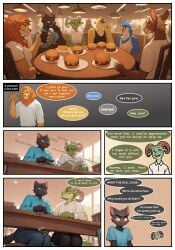 ai_assisted ai_generated anthro aroused asinus avian bill_(nonimousmate) comic comic_page domestic_cat donkey duke_(nonimousmate) eating equid equine felid feline felis gecko greg_(nonimousmate) group hand_on_leg hi_res jack_the_kobold kobold library lion lizard male male/male mammal max_(nonimousmate) nonimousmate pantherine public reptile restaurant scalie tom_the_cat