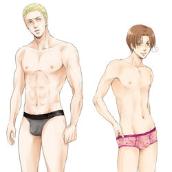 2boys axis_powers_hetalia blonde_hair brown_hair feliciano_vargas germany_(hetalia) human italy_(hetalia) ludwig_weillschmidt male male_nipples male_only no_visible_genitalia penis_bulge smooth_skinned_male underwear underwear_only