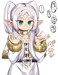 bukkake capelet commentary_request cum dress elf expressionless female flat_chest frieren green_eyes kanikama long_hair pointy_ears solo sousou_no_frieren twintails white_hair