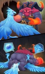 1boy 1girls 2_panel_comic ai_generated anivia anthro anthro_on_feral avian balls beak beard bird blue_body blue_eyes bodily_fluids brother_and_sister caprine cave cum cum_in_cloaca cum_inside cum_on_tail duo elemental_creature feathers female feral fight forehead_gem forehead_jewel furry furry_male genitals goat horns ice impregnation instant_loss internal_view league_of_legends looking_pleasured male mammal mating_press muscular muscular_male narrowed_eyes orange_eyes ornn riot_games saliva_strand sibling_incest siblings talons wings