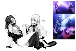 2girls ascot bang_dream! bang_dream!_it's_mygo!!!!! bass_guitar blush bottomless censored censored_genitalia censored_pussy closed_eyes commentary earrings electric_guitar female female/female female_only guitar hat highres holding_another's_foot instrument jewelry korean_text lesbian_sex long_hair looking_at_another mortis_(bang_dream!) mortis_(costume)_(bang_dream!) mosaic_censoring multiple_girls music official_art_inset open_mouth parted_lips playing_guitar playing_instrument pussy pussy_juice pussy_to_pussy see-through_clothes see-through_sleeves sierit simple_background spread_legs timoris_(bang_dream!) translation_request tribadism unworn_hat unworn_headwear wakaba_mutsumi white_background yahata_umiri yuri