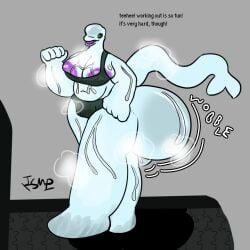 anthro areola areola_slip ass bell_(ishitmypants) beluga big_butt bodily_fluids bottom_heavy breasts butt_expansion camel_toe cetacean dolphin exercise expansion female genital_outline ishitmypants mammal marine monodontid mostly_nude musk musk_clouds musky_breasts musky_butt potbelly purple_areola pussy solo sweat sweatdrop sweaty_breasts sweaty_butt tail toothed_whale treadmill vulva_outline workout workout_equipment