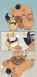 2025 anal anthro balls belly big_belly blizzard_entertainment bodily_fluids cricetid cum duo ejaculation erection genital_fluids genitals hammond_(overwatch) hamster heart_symbol hi_res human human_on_anthro interspecies kemono lying male male/male mammal mask moobs nipples overwatch overweight overweight_male penis penis_size_difference quanjiang roadhog_(overwatch) rodent sex size_difference