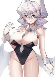 1girls actancyaga blush breasts bunnysuit demon demon_girl demon_horns demon_wings duel_monster female huge_breasts konami labrynth_of_the_silver_castle lady_labrynth_of_the_silver_castle leotard looking_at_viewer lovely_labrynth_of_the_silver_castle nervous no_bra one_arm_up open_mouth princess solo tie twintails white_background wings yu-gi-oh!