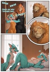 ai_assisted ai_generated anthro bed big_breasts bodily_fluids breasts comic comic_page dialogue eager felid female female/female ffm_threesome floppy_ears fur furniture furred_kobold genital_fluids group hi_res horn implied_oral indoor_nudity julia_(nonimousmate) kobold lion looking_at_viewer lying male male/female mammal maria_(nonimousmate) max_(nonimousmate) medium_breasts neck_tuft nonimousmate nude on_back on_bed pantherine saliva saliva_string silvia_(nonimousmate) size_difference small_breasts surprise sweat tuft