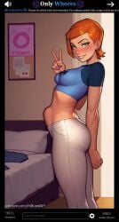 1girls ai_generated anal anal_sex ass ben_10 cartoon_network deep_penetration dildo dildo_in_ass dildo_under_clothes dildo_under_panties female female_only fit_female green_eyes gwen_tennyson hands_on_stomach huge_dildo knotted_dildo orange_hair pants peace_sign putting_clothes_on raiven sex_toy side_view sideview smug solo_female standing stomach_bulge streaming text
