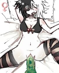 1boy 1girls artful_(die_of_death) bra cum_in_pussy cum_inside dick_in_pussy dick_penetrating die_of_death die_of_death_(roblox) female genderbend im_hard male on_back on_bed penis pursuer_(die_of_death) pussy roblox roblox_game robloxian rule_63 sweat sweating tagme thighhighs