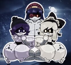 2d_(artwork) 3girls breasts copysky123 cyn_(murder_drones) doll_(murder_drones) female female_focus female_only glitch_productions huge_ass huge_breasts huge_thighs lafreakysky murder_drones naked naked_female purple_eyes purple_hair red_eyes robot robot_girl robot_humanoid screen_face small_feet tattoo_on_butt thick_ass thick_thighs uzi_(murder_drones) uzi_doorman white_hair yellow_eyes
