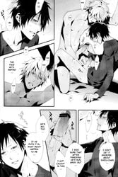 2boys blush doujinshi durarara!! english_text gay handjob hard_translated heiwajima_shizuo male_only orihara_izaya yaoi