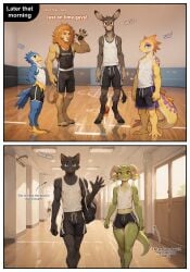 ai_assisted ai_generated anthro asinus avian basketball_court bill_(nonimousmate) bottomwear clothing comic comic_page domestic_cat donkey duke_(nonimousmate) equid equine felid feline felis gecko gesture greg_(nonimousmate) group gym_bottomwear gym_clothing gym_shorts hi_res jack_the_kobold kobold lion lizard male male/male mammal max_(nonimousmate) nonimousmate pantherine reptile scalie shirt shorts size_difference sportswear tank_top tom_the_cat topwear waving