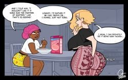 2d 2girls black_hair blonde_hair digging_up_in_they_ass eating fat_ass female_only food forbidden_pants kitchen meme nickelodeon oc oddtenn spongebob_squarepants tenuousoddity text text_bubble thick_thighs