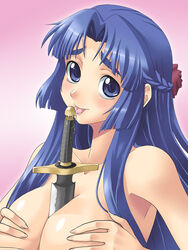 asakura_ryouko breasts cleavage human human_only knife licking_object nude suzumiya_haruhi_no_yuuutsu yaso_shigeru