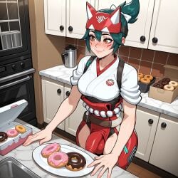 ai_generated animal_mask balls blush bow box breasts brown_eyes bulge closed_mouth clothing covered_penis doughnut erection erection_under_clothes facial_mark female food fox_mask futanari green_hair hair_between_eyes hairbow half_mask indoors intersex japanese_clothes kimono kiriko_(overwatch) kitchen lunaart makeup mask mask_on_head medium_breasts overwatch overwatch_2 penis pink_lips plate ponytail refrigerator rope rope_belt shimenawa short_hair short_sleeves sleeves_rolled_up smile solo testicles traditional_clothes wafuku white_bow white_kimono