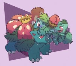anus argon_vile balls blush bodily_fluids bound bound_together bulbasaur elemental_creature english_text erection evolutionary_family fellatio feral flora_fauna flower foreskin generation_1_pokemon genitals green_body group group_sex hi_res imminent_oral imminent_rimming ivysaur leaf licking licking_lips male male/male markings nintendo nubbed_penis oral penile penis penis_in_mouth plant pokemon pokemon_(species) quadruped red_eyes saliva sex size_difference spots spotted_body text threesome tongue tongue_out trio uncircumcised venusaur vines