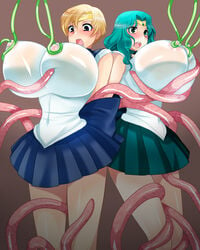 2girls bishoujo_senshi_sailor_moon breasts busty cleavage clothing erect_nipples erect_nipples_under_clothes female female_only haruka_tenou large_breasts michiru_kaiou multiple_girls sailor_neptune sailor_uranus shrimp-mayo skirt tagme tentacle voluptuous