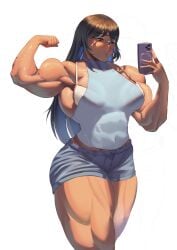 1girls 2025 absurd_res arm_up armpits belly_button biceps big_breasts blue_hair bra bra_peek bra_visible_through_clothes breasts brown_eyes brown_hair busty cellphone cheesebrain clothed clothed_female clothing curvaceous curvy denim denim_shorts eyewear feet_out_of_frame female flexing flexing_bicep front_view fully_clothed glasses hair hi_res holding_object holding_phone hourglass_figure human jean_shorts jeans large_breasts legs_together light-skinned_female light_skin long_hair mirror_selfie multicolored_hair muscular muscular_arms muscular_female muscular_legs muscular_thighs navel one_arm_up phone pose posing quads raised_arm selfie shorts simple_background skin_tight sleeveless smartphone solo standing thick_thighs thighs triceps two-tone_hair white_background wide_hips