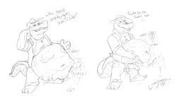2025 3_toes 4_fingers alligator alligatorid anthro balls belly big_belly bottomwear brok_(brok_the_investigator) brok_the_investigator clothing cowcat_games crocodilian dialogue english_text feet fingers genitals hat headgear headwear hi_res humanoid_hands longscary male pants penis reptile scalie shirt squealers_chief standing text toes topwear vore