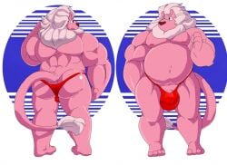 anthro ass belly big_belly bulge cartoon_network clothing detailed_bulge felid fur genital_outline lion lion_(steven_universe) male mammal mane mc_morrales musclegut muscular muscular_male overweight overweight_male pantherine penis penis_outline penis_peek pink_body pink_fur solo steven_universe thong underwear