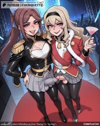 2futas 2girls ai_generated alcohol black_legwear blush bow breasts brown_hair champagne_flute cleavage cockquette cup drinking_glass erection eyebrows_visible_through_hair foreskin fur-trimmed_jacket fur_trim futanari futanari hair_ornament hairband hairbow hand_on_hip indoors jacket large_penis long_hair looking_at_viewer medium_breasts mole multiple_girls night night_sky open_mouth otoko_no_ko pantyhose penis phimosis pleated_skirt ponytail purple_eyes sharp_teeth skirt smile star_(sky) starry_sky tagme teeth testicles tongue veins white_skirt window wine wine_glass