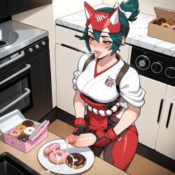 after_fellatio ai_generated animal_mask blush bow box breasts brown_eyes clothing collarbone cum cum_in_mouth cum_on_food cum_on_tongue doughnut ejaculation erection facial_mark female food fox_mask futa_masturbation futanari gloves green_hair hair_between_eyes hairbow half_mask indoors intersex japanese_clothes kimono kiriko_(overwatch) kitchen large_penis lunaart mask masturbation medium_breasts miko oven overwatch overwatch_2 penis plate ponytail projectile_cum red_gloves saliva saliva_trail semen short_hair short_ponytail short_sleeves solo tongue tongue_out topknot traditional_clothes veins veiny_penis wafuku white_bow white_kimono