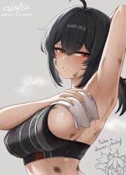 2girls ahoge arm_behind_head armpits artist_name black_hair black_sports_bra breasts chibi commentary cslucaris dirty dirty_face english_commentary english_text female furrowed_brow grace_howard grey_background hair_between_eyes highres holding holding_towel koleda_belobog large_breasts long_hair looking_down multiple_girls orange_eyes parted_lips ponytail sideboob signature solo_focus sports_bra steaming_body sweat towel upper_body very_sweaty wiping wiping_sweat zenless_zone_zero zipper_top