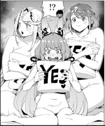 1boy 3girls blonde_hair blush cat_ears catgirl female inviting inviting_to_sex keoya_(keoya_01) male monochrome mythra nia nude pillow pyra red_hair rex_(xenoblade) surprised xenoblade_(series) xenoblade_chronicles_2 yes-no_pillow