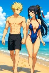 1boy1girl abs ai_generated asian_female beautiful_females black_ponytail blonde_hair breasts busty cloud_strife clouds crossover crossover_pairing curvy day dead_or_alive eidos european_male eyelashes eyeshadow fantasy female fighting_game final_fantasy final_fantasy_vii hair_ornament handsome_man holding_hands large_breasts male muscles muscular navel nyotengu ripped sexy smiling_at_partner spiky_hair summer swim_trunks swimsuit tecmo thick_thighs vacation video_game_character video_game_franchise video_games voluptuous_female