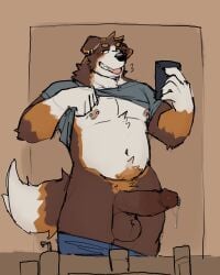 anthro balls bernese_mountain_dog big_balls big_penis bite bodily_fluids canid canine canis clothed clothing clothing_lift domestic_dog dripping ear_piercing electronics genital_fluids genital_piercing genitals hi_res looking_at_viewer male mammal mountain_dog musclegut muscular nipple_piercing nipples penis penis_piercing phone piercing precum precum_drip prince_albert_piercing selfie shirt shirt_lift simple_background slightly_chubby solo standing thrisker tongue tongue_bite topwear