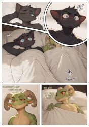 ai_assisted ai_generated anthro bed bed_sheet bedding comic comic_page comparing comparing_penis domestic_cat duo felid feline felis furniture hi_res jack_the_kobold kobold male male/male mammal nonimousmate on_bed penis surprise tenting tom_the_cat under_covers waking_up
