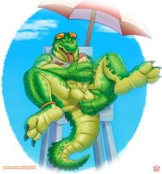 3_toes 4_fingers anal anal_fingering anal_masturbation anthro anus balls beach_umbrella blue_sky claws clothing cloud countershading crocodile crocodilian eyewear eyewear_on_head feet fingering fingering_self fingers genitals green_body green_scales hi_res humanoid_genitalia humanoid_penis hypnosis league_of_legends lifeguard_chair male masturbation mind_control non-mammal_balls open_mouth outside parasol penile penile_masturbation penis pool_party_renekton puggy renekton reptile ringed_eyes riot_games scales scalie sharp_teeth shirt sky solo spread_legs spreading sunglasses sunglasses_on_head tank_top teeth tencent text toe_claws toes tongue tongue_out topwear url