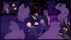 2022 absurd_res akita ambient_arthropod ambient_butterfly ambient_insect american_akita amihan_(melaisen) anthro anthro_on_anthro artist_name balls balls_tuft bara bau_(melaisen) black_border black_clothing black_eyes black_jacket black_shirt black_topwear border bovid bovine brown_body brown_fur button_ears canid canine canis casual_nudity cattle clenched_teeth clothed clothed_anthro clothed_male clothing comic curled_tail demon detailed_background dialogue domestic_dog facial_piercing flexing floppy_ears fully_clothed fully_clothed_anthro fully_clothed_male fur genitals grass grin group hair hi_res humanoid_genitalia humanoid_penis hybrid_genitalia hybrid_penis jacket looking_at_another male male/male male_anthro mammal medial_ring medial_ringed_humanoid_penis medial_ringed_hybrid_penis melaisen multicolored_body multicolored_fur muscular muscular_anthro muscular_male nipples nose_piercing nose_ring nude_anthro nude_male open_mouth orange_body orange_fur outside pecs penis piercing pink_hair pink_text plant poking purple_body purple_fur purple_grass purple_sclera purple_text purple_theme ring_piercing romantic romantic_couple shirt smile spitz standing suid suine sus_(pig) tail talking_to_another tan_body tan_fur tan_tail teeth text tolentino_(melaisen) topwear tuft walking wild_boar yaoi yellow_sclera