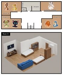 ai_assisted ai_generated anthro asinus avian bed bill_(nonimousmate) bovid caprine comic comic_page domestic_cat donkey dormitory duke_(nonimousmate) equid equine felid feline felis female floor furniture gecko goat greg_(nonimousmate) group hi_res inside jack_the_kobold kobold lion lizard male mammal map max_(nonimousmate) nonimousmate pantherine reptile scalie sofa television tom_the_cat
