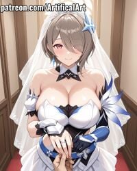 1boy 1girls ai_generated artifical_art black_gloves breasts bride brown_hair elbow_gloves female first_person_view gloves hair_ornament hair_over_eyes hair_over_one_eye honkai_(series) honkai_impact_3rd hoyoverse large_breasts light-skinned_female light_skin male mihoyo perfect_body pink_eyes pov rita_rossweisse short_hair watermark white_gloves