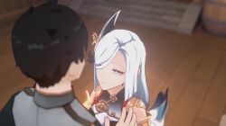 1440p 1boy 1girls 2k 3d :>= animated barefoot before_and_after blowjob braid fellatio female genshin_impact hair_ornament hair_over_one_eye hand_on_head hoyoverse kneeling kneeling_oral_position light-skinned_female light-skinned_male light_skin male mihoyo npc_(genshin_impact) oldstump on_knees playing_card self_upload shenhe_(genshin_impact) soles sound video white_hair