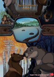 bear beaver bitterstrawberries black_bear boop brown_body brown_fur chains comic cover cover_art cover_page dam day echo_(bitterstrawberries) feral fisher_(animal) footprint fur grey_body grey_fur gulonine hi_res husq_(bitterstrawberries) lake male male/male mammal mustelid musteline night nose_boop plant rodent smile tree ursine water