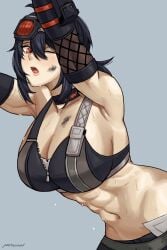 abs armpits arms_up black_hair black_sports_bra breasts choker detached_sleeves dirty dirty_face female goggles goggles_on_head grace_howard grey_background hair_between_eyes highres leaning_forward lips long_hair looking_at_viewer muscular muscular_female navel notgunn one_eye_closed open_mouth orange_eyes partially_unzipped sideboob simple_background solo sports_bra stomach sweat toned toned_female zenless_zone_zero zipper zipper_pull_tab zipper_top