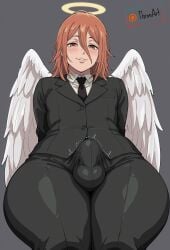 1boy 1femboy ai_generated angel_devil_(chainsaw_man) blush blush blush_lines blushing_at_viewer bulge bulge_through_clothing bulge_under_clothes chainsaw_man chubby erect_penis erection erection_under_clothing femboy feminine_male halo huge_ass huge_hips huge_thighs looking_at_viewer orange_eyes orange_hair sissy solo suit teasing teasing_viewer thick thick_ass thick_thighs thronart wings