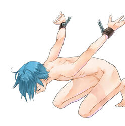 arms_behind_back blue_hair bondage chains femboy light-skinned_femboy light_skin male_only mikuo_hatsune nude nude_male on_knees rule_63 tagme vocaloid white_background