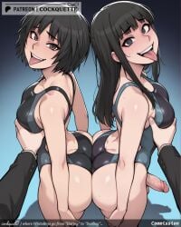 2futas 2girls :d :p ahe_gao ai_generated ass ass_grab bangs bare_shoulders black_eyes black_hair black_swimsuit blush breast_grab breasts brown_eyes bulge buttjob cleavage cockquette collarbone competition_swimsuit deep_skin erection erection_under_clothes eyebrows_visible_through_hair female from_behind futanari grabbing grabbing_another's_ass grabbing_from_behind grinding groping guided_breast_grab hand_on_another's_chest hand_on_own_chest intersex large_penis long_hair looking_at_viewer looking_back medium_breasts multiple_girls nipple_tweak one-piece_swimsuit open_mouth paizuri penis pov precum saliva self_fondle short_hair smile straight sweat swimsuit tagme thighs tongue tongue_out tongue_piercing veins veiny_penis