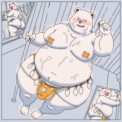 2025 anthro ass bear belly bepo_(one_piece) big_belly big_butt black_nose blush bobbellyboy bodily_fluids bulge clothing condom cum cum_on_belly cum_on_body cum_on_moobs filled_condom genital_fluids hi_res male mammal minkmen_(one_piece) moobs one_piece overweight overweight_male polar_bear pole sexual_barrier_device solo stripper_pole underwear ursine