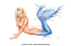 2008 actress armando_huerta ass blonde_hair blue_eyes blue_tail breasts celebrity female female_only fish_girl fish_tail jpg long_hair looking_at_viewer mermaid mermaid_ass mermaid_girl mermaid_tail monster_girl nipples nude pamela_anderson pink_nipples pinup pose realistic side_view signature solo tail tail_fin tattoo watermark white_background