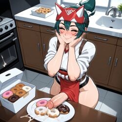 ai_generated animal_mask apron blush bow breasts closed_eyes closed_mouth clothing cum cum_on_food doughnut erection facial facial_mark faucet female food fox_mask futanari green_hair hair_between_eyes hairbow half_mask hands_on_own_cheeks hands_on_own_face handsfree_ejaculation happy huge_cock indoors japanese_clothes kimono kiriko_(overwatch) kitchen large_penis lunaart mask nose_blush overwatch penis plate ponytail red_apron semen short_hair sink sleeves_rolled_up smile solo tiles traditional_clothes veins veiny_penis wafuku white_kimono