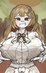 1girls blush breasts brown_eyes brown_hair busty catherine_(limbus_company) dress female female_only holding_own_breast huge_breasts large_breasts limbus_company long_hair looking_at_viewer project_moon smile solo sutikku-zu
