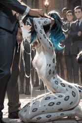 ai_generated animated cum cum_in_mouth deepthroat excessive_cum female furry human_on_anthro public snow_leopard swallow