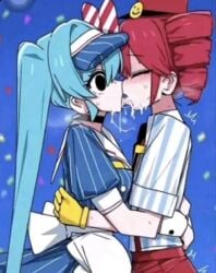 1boy 1girls ai_generated blue_hair cum_in_mouth dark_eyes female femboy femboy_with_female hugging implied_femboy kiss kissing male mesmerizer_miku mesmerizer_teto noa_ai red_hair rule_63 trap