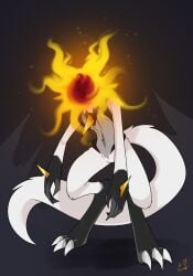 absurd_res anthro blood bodily_fluids burning canid canine canis creepy digital_media_(artwork) e-01 elden_ring fire fromsoftware fur generation_4_pokemon hi_res long_arms long_limbs lucario male mammal nintendo pokemon pokemon_(species) scar spikes spikes_(anatomy)