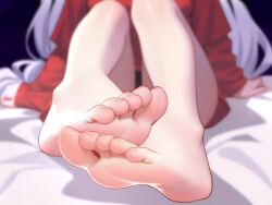 1girls ai_generated cerberus_(helltaker) close-up demon demon_girl dog_girl feet female helltaker solo white_hair